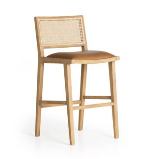 Cartagena Bar Chair Teak Wood with Leather Seat and Rattan Backrest
