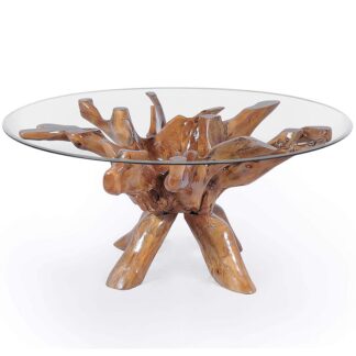 Round Wooden Root Coffee Table Glass Top Handmade Indonesia