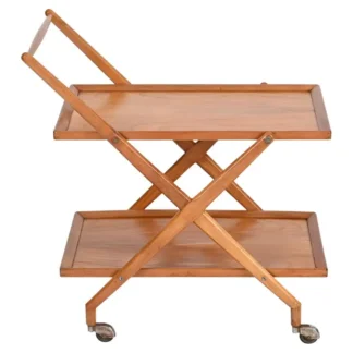 Vendra teak servant trolley is rectangular in shape with two tiers and wheels