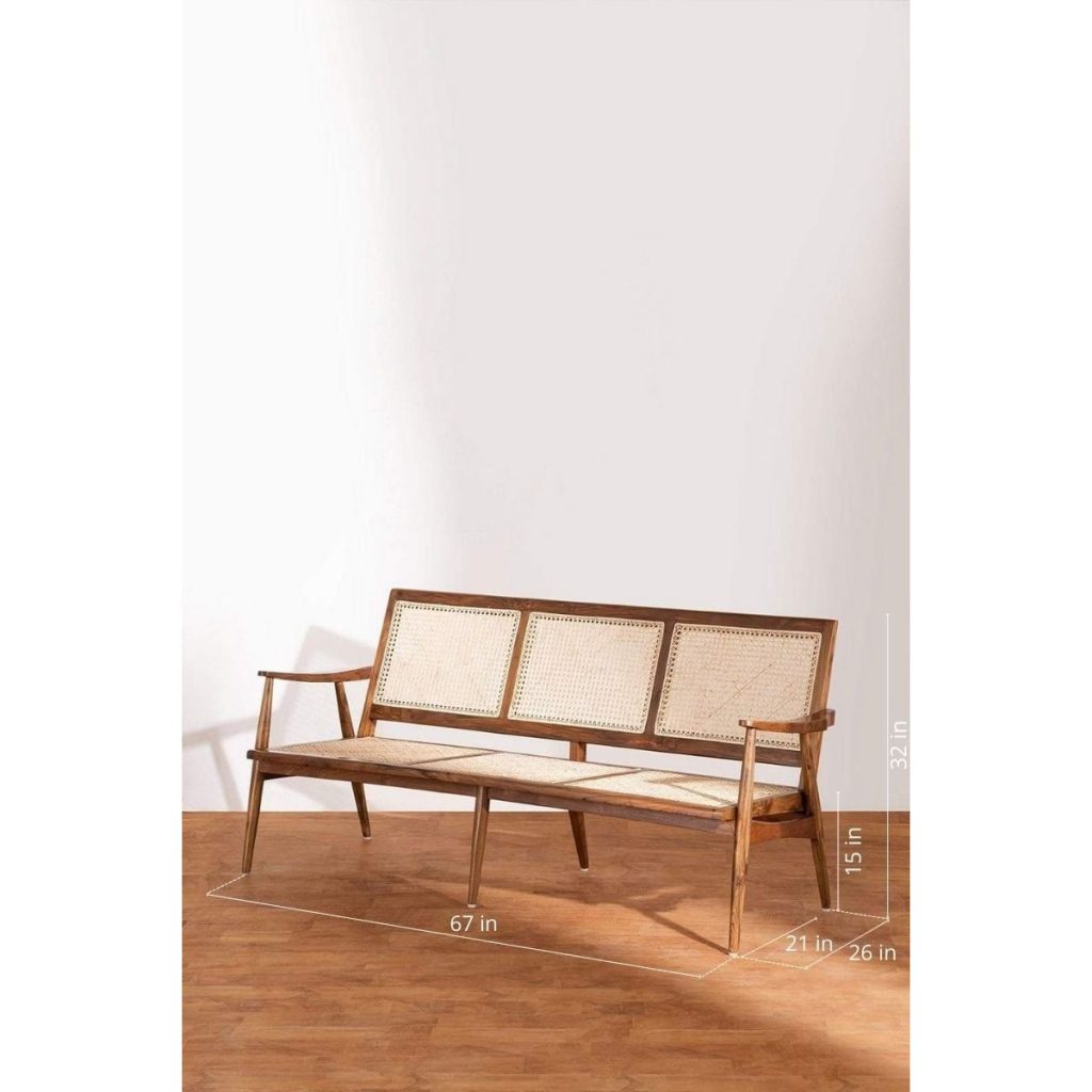 Venna teak arm bench 3 seater with seat and back made of wicker ...