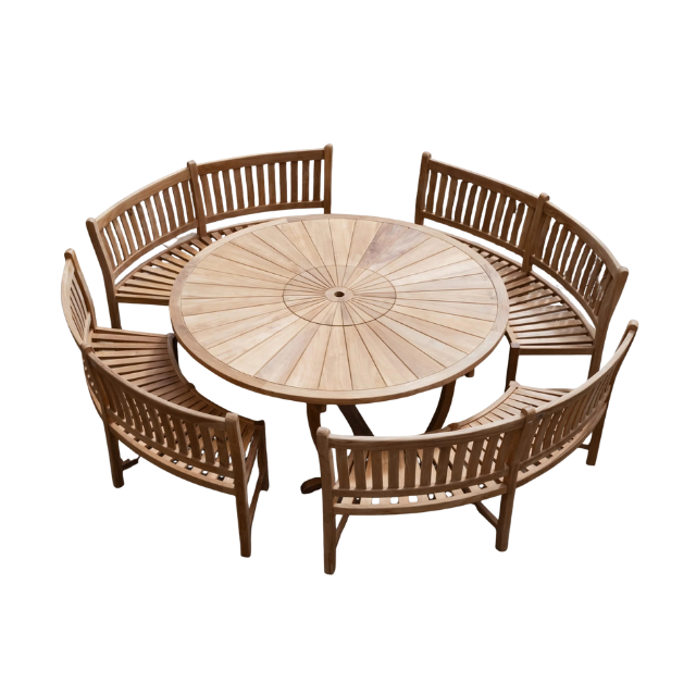 Teak Round Outdoor Bench Set with Matching Dining Table
