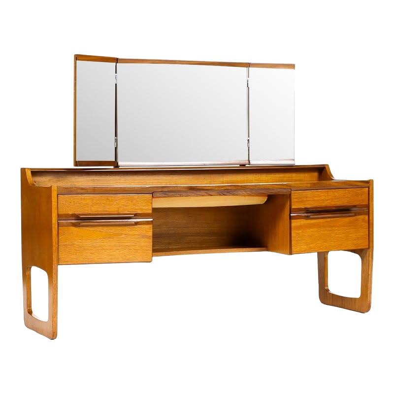 Teak mid-century sled-base tdresser vanity